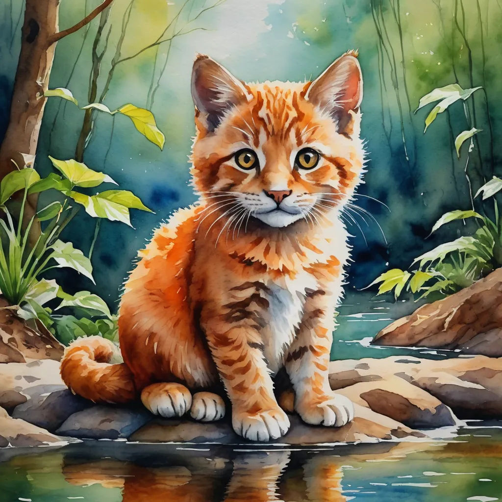 a painting of a cat sitting on a rock in a stream of water with a forest in the background, figurative art, a watercolor painting, andrey ryabovichev, extremely detailed oil painting
