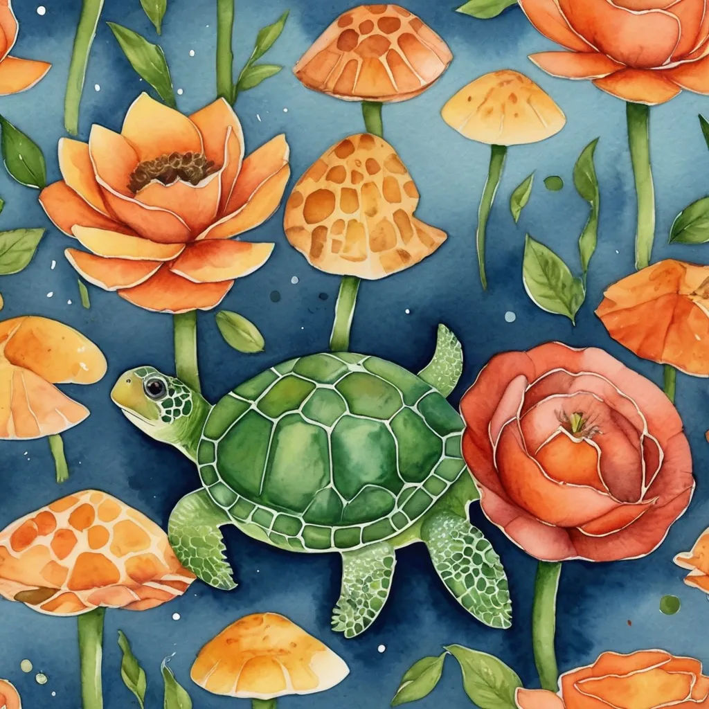 a painting of a turtle surrounded by flowers and leaves on a blue background with watercolors and ink, fantasy art, a storybook illustration, Claire Hummel, in gouache detailed paintings