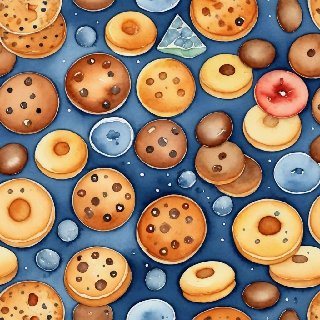 a painting of a bunch of different kinds of donuts on a blue surface with bubbles and dots around them, generative art, a detailed painting, Chris LaBrooy, in gouache detailed paintings