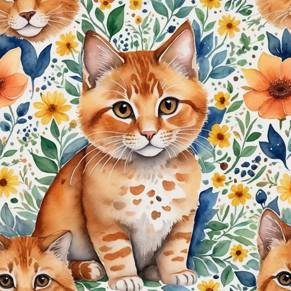 a painting of two cats sitting on a floral background with flowers and leaves on it's sides and a third cat with a sad face, folk art, a watercolor painting, Annabel Kidston, in gouache detailed paintings