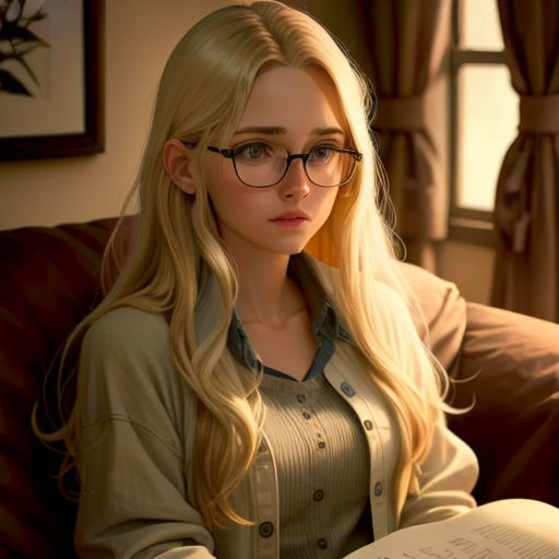 a woman sitting on a couch reading a book with glasses on her face and blonde hair and glasses on her face