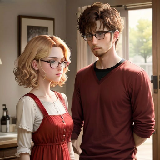 a man and a woman standing in a kitchen together, looking at something on the table in the background