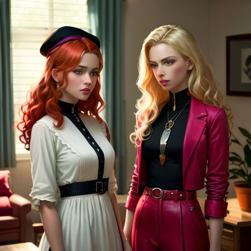 two women in dresses and hats standing next to each other in a room with a couch and a table