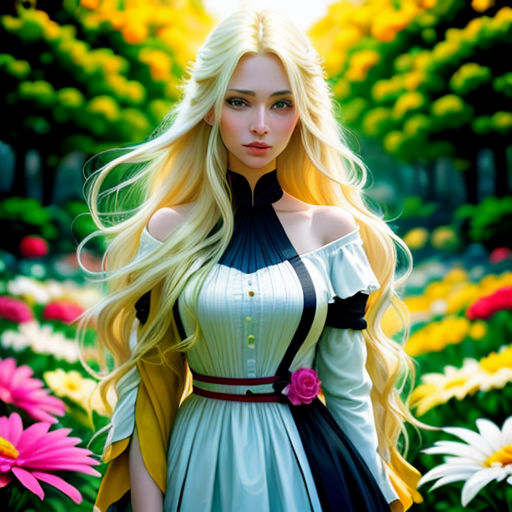 a woman with long blonde hair standing in a field of flowers with a sunbeam in the background and a pink flower in her hair