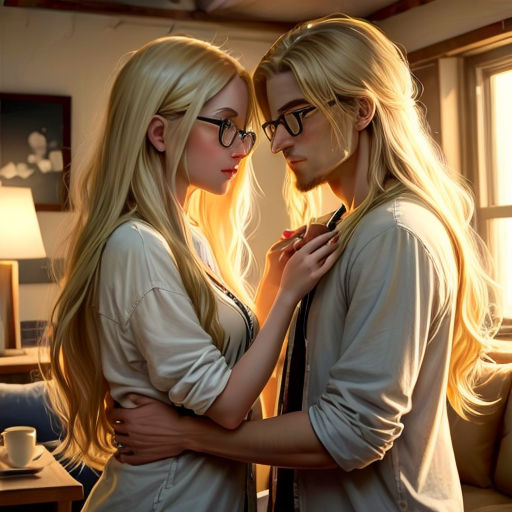 two blonde women standing next to each other in a living room next to a window with a lamp on