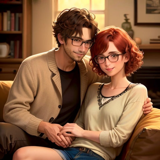 a man and a woman sitting on a couch together, posing for a picture together, with a bookcase in the background