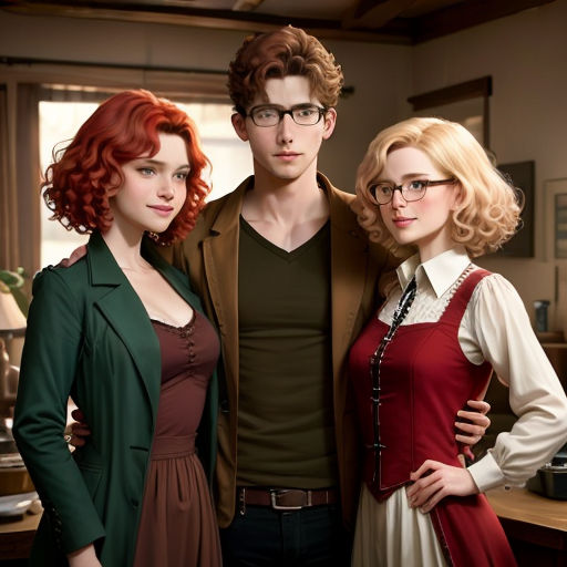 a man and two women standing next to each other in a room with a desk and a window behind them