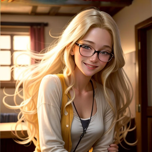 a woman with glasses and a yellow cardigan sweater is smiling at the camera while leaning on a table