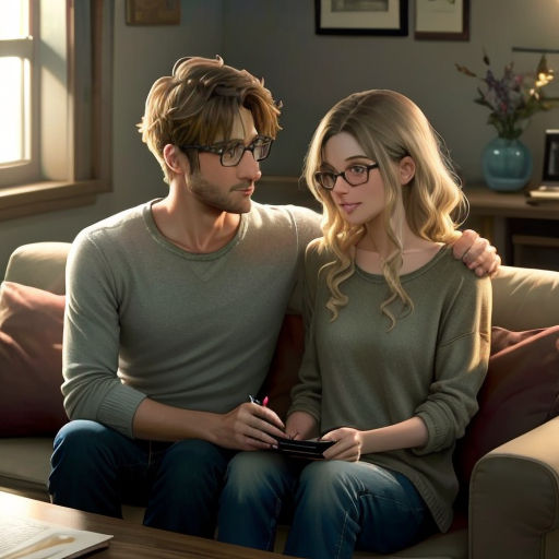 a man and a woman sitting on a couch looking at a tablet computer screen together, with a vase of flowers in the background