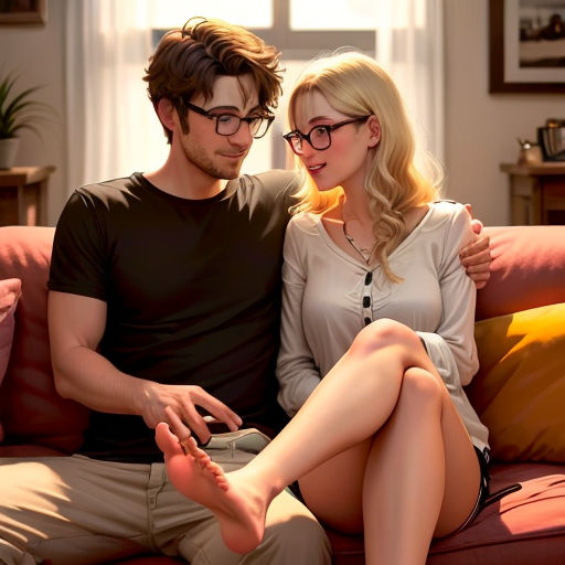 a man and a woman sitting on a couch together looking at a cell phone and smiling at each other