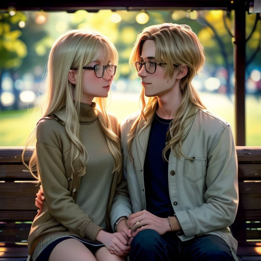 two people sitting on a bench in a park together, one of them is wearing glasses and the other is wearing a sweater