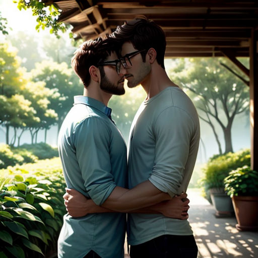 two men standing next to each other in front of a painting of trees and bushes and a walkway with a walkway leading to them