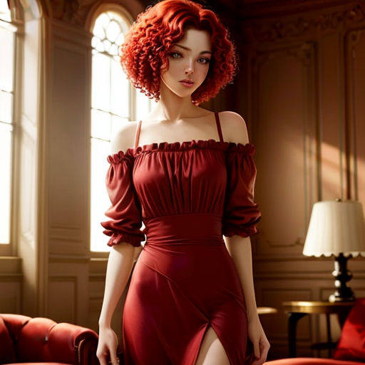 a woman in a red dress standing in a room with a red couch and a lamp on the side