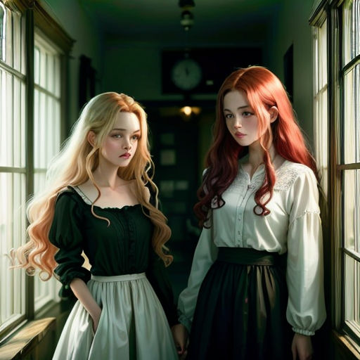 two beautiful young women standing next to each other in a hallway with windows and a clock in the background