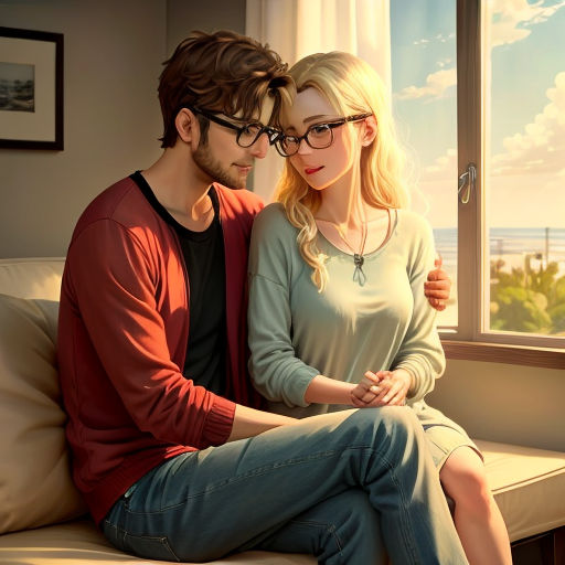 a man and a woman sitting on a couch looking out a window at the ocean and the sky,