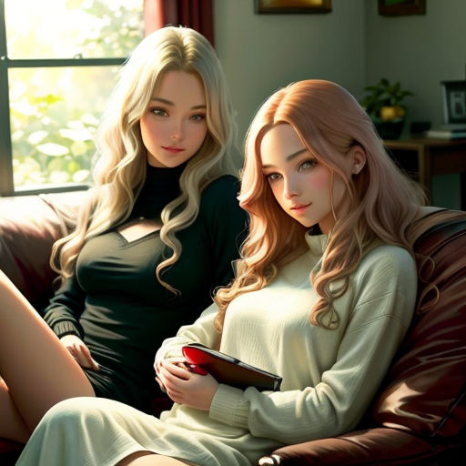 two women sitting on a couch next to each other holding a cup of coffee and a book in their hands