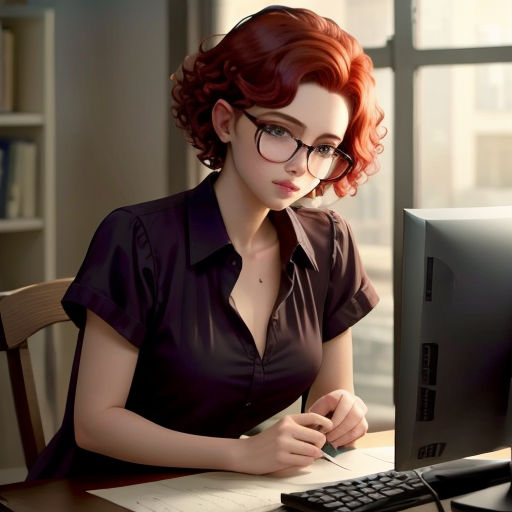 a woman with red hair and glasses sitting at a desk in front of a computer monitor and keyboard, writing