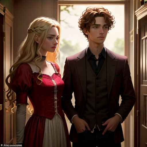 a man and a woman standing in a hallway together, dressed in period clothing, looking at each other