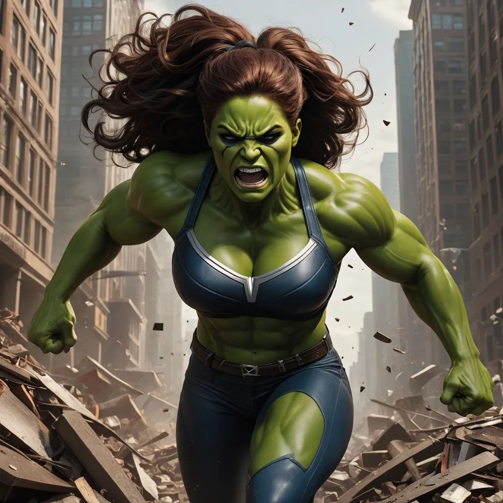 a woman in a green and blue outfit running through a city street with a huge hulk on her chest, feminist art, a digital rendering, Anthony Palumbo, weta digital