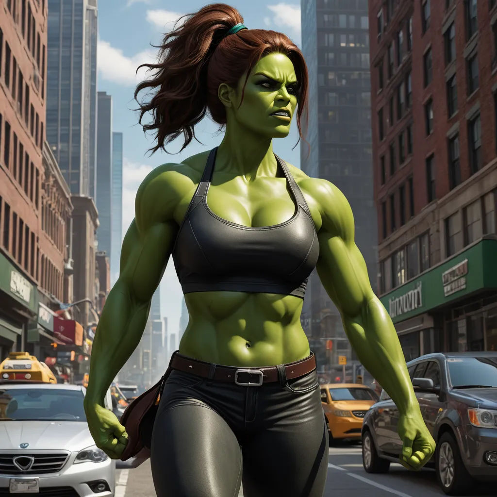 a woman in a bra top and pants walking down a street with a car in the background and a cityscape in the background, feminist art, concept art, Anthony Palumbo, 8 k concept art