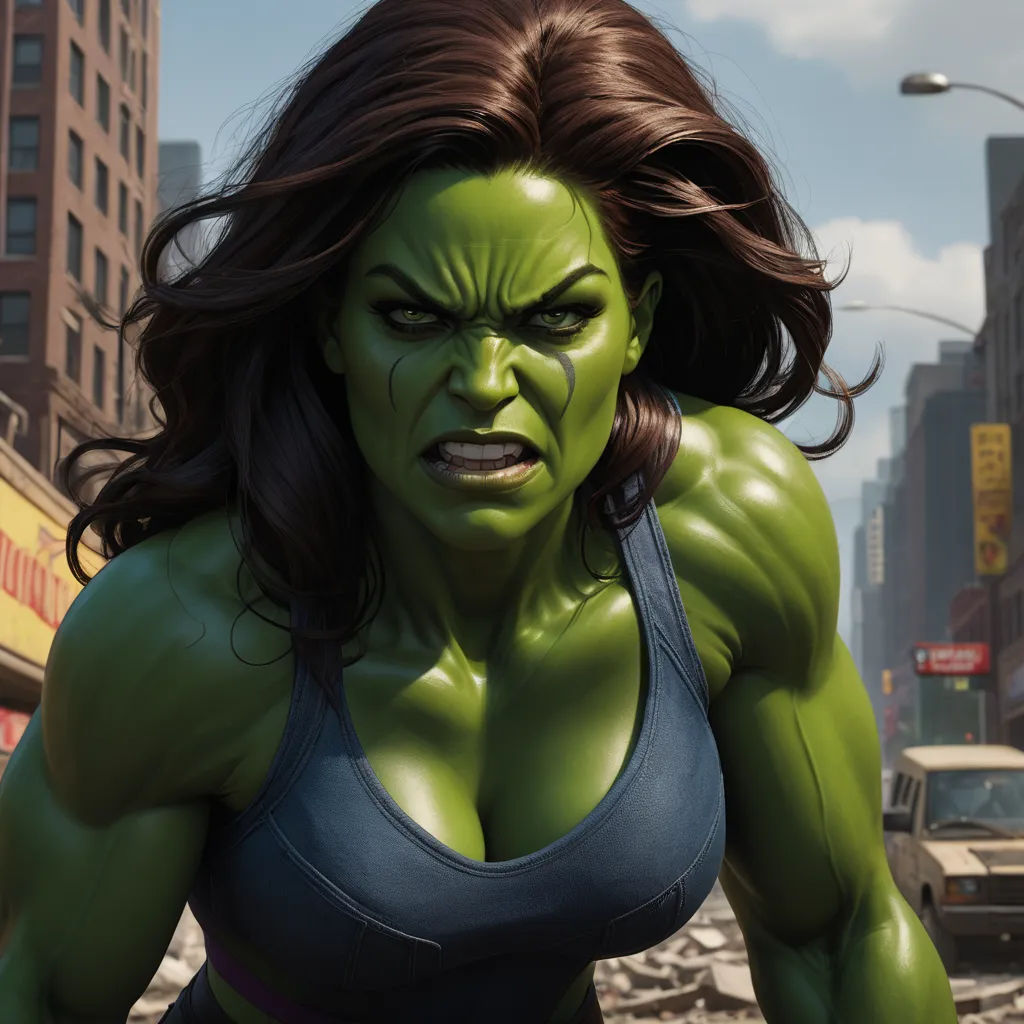 a woman in a green and black outfit with a large grin of teeth and huge breasts, in a city street, photorealism, a detailed matte painting, Anthony Palumbo, 8 k concept art