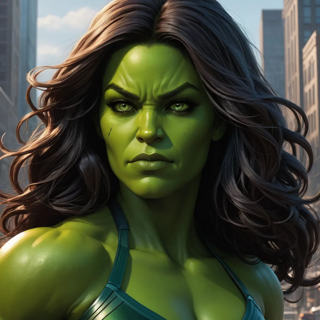 a woman with green hair and a green bra top in a city street with skyscrapers and buildings in the background, photorealism, a comic book panel, Aleksi Briclot, hyper realistic face