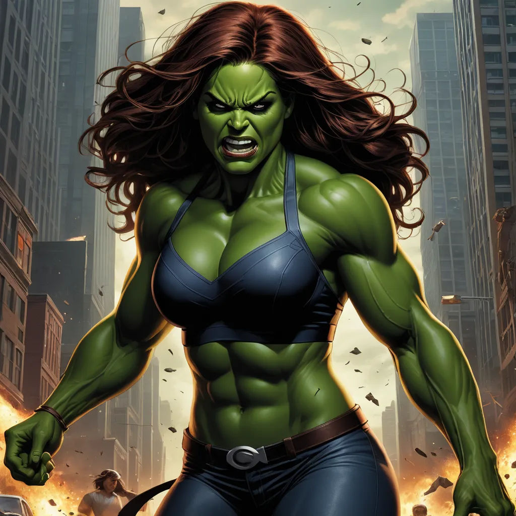 a woman in a blue top and a green face and a sword in her hands, with a city in the background, feminist art, a comic book panel, Alex Horley, green