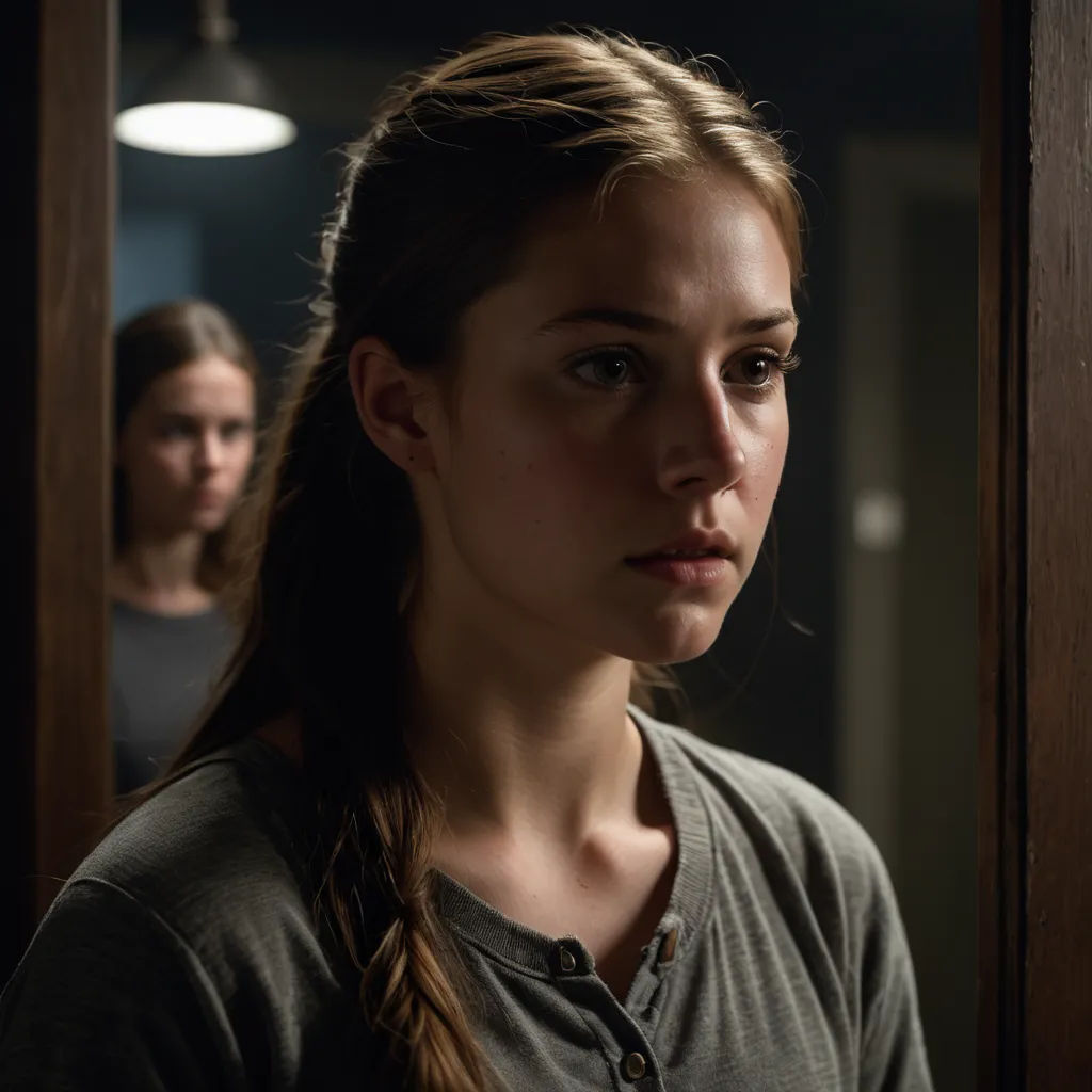 a woman standing in a doorway with a woman in the background looking at her in the mirror behind her, arbeitsrat für kunst, a character portrait, Christen Købke, movie still