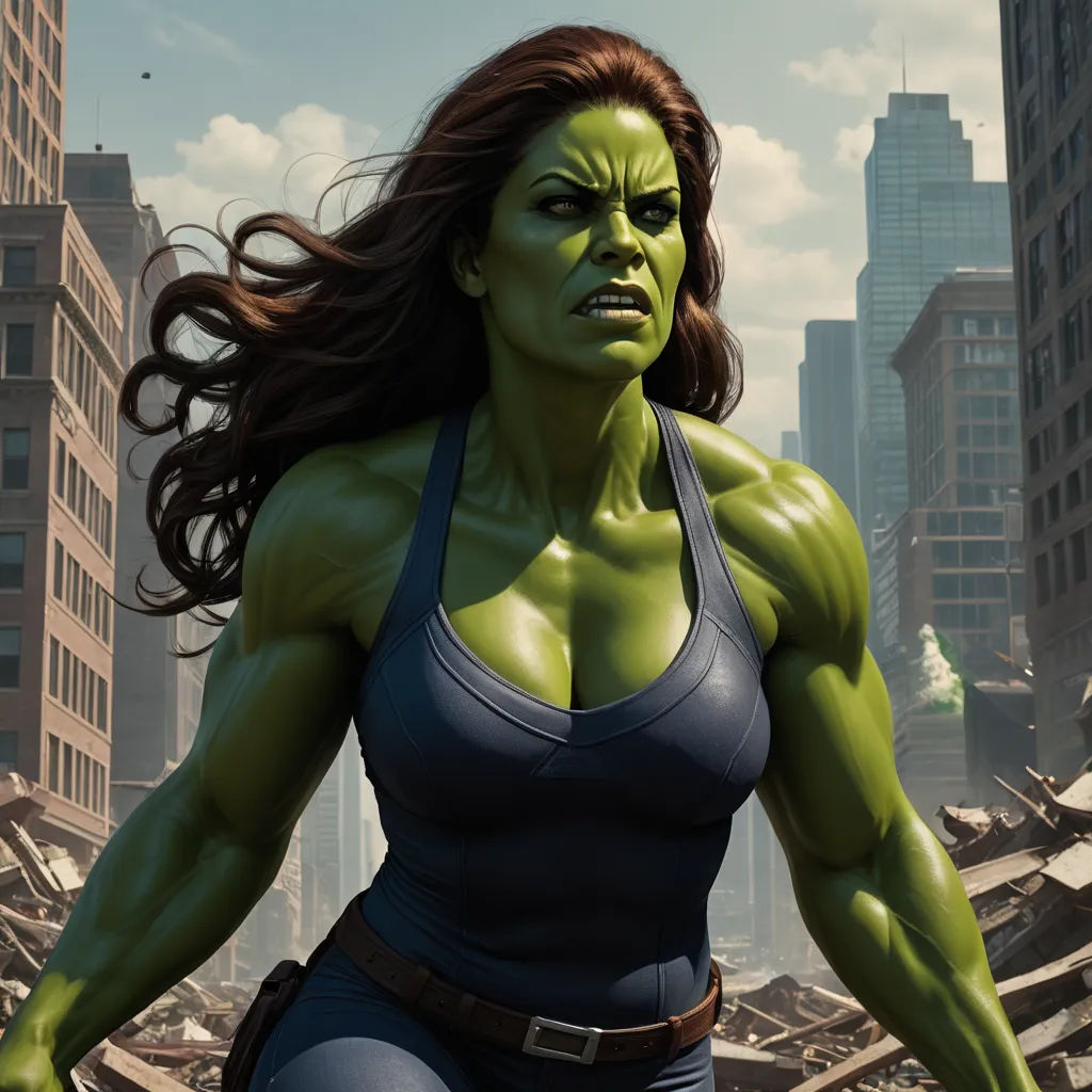 a woman in a blue outfit with a green face and long hair in a city setting with buildings and debris, feminist art, concept art, Anthony Palumbo, 8 k concept art