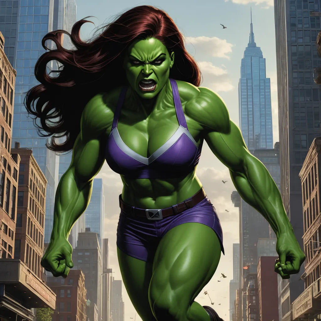 a woman in a purple and green outfit running through a city street with a huge green monster in her hand, feminist art, a digital rendering, Anthony Palumbo, green