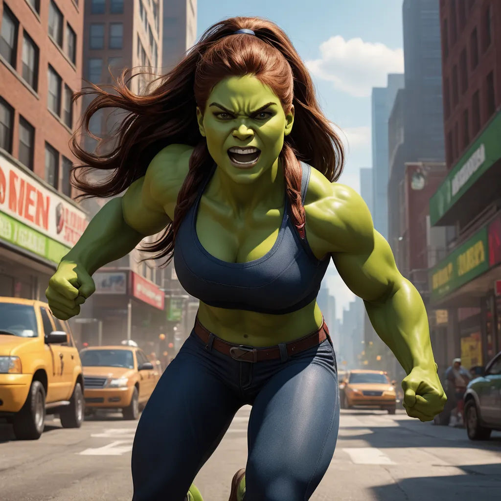a woman in a blue and green outfit running down a street with a yellow taxi behind her and a yellow taxi behind her, feminist art, concept art, Aleksi Briclot, 8 k concept art