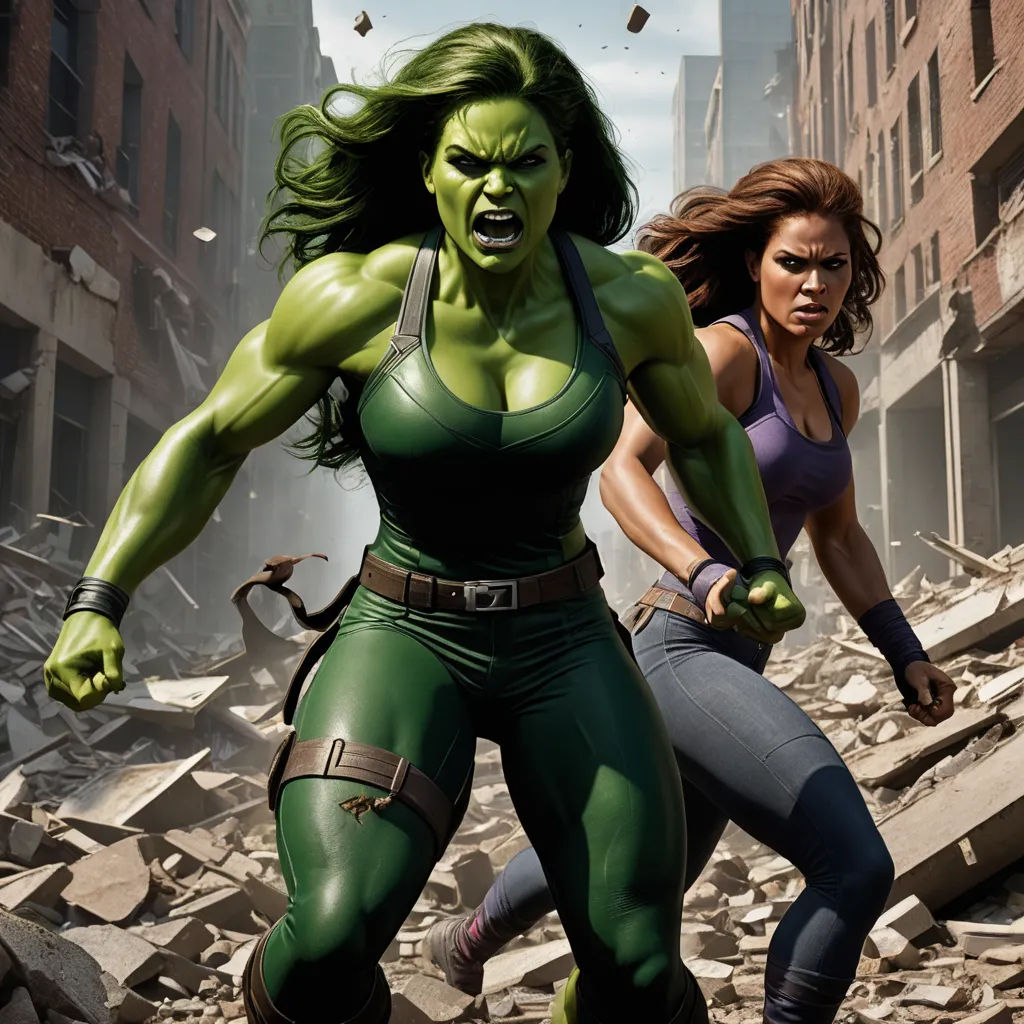 a woman in a green outfit and a woman in a purple top are running through a rubble area in a scene from the avengers, feminist art, concept art, Aleksi Briclot, marvel comics