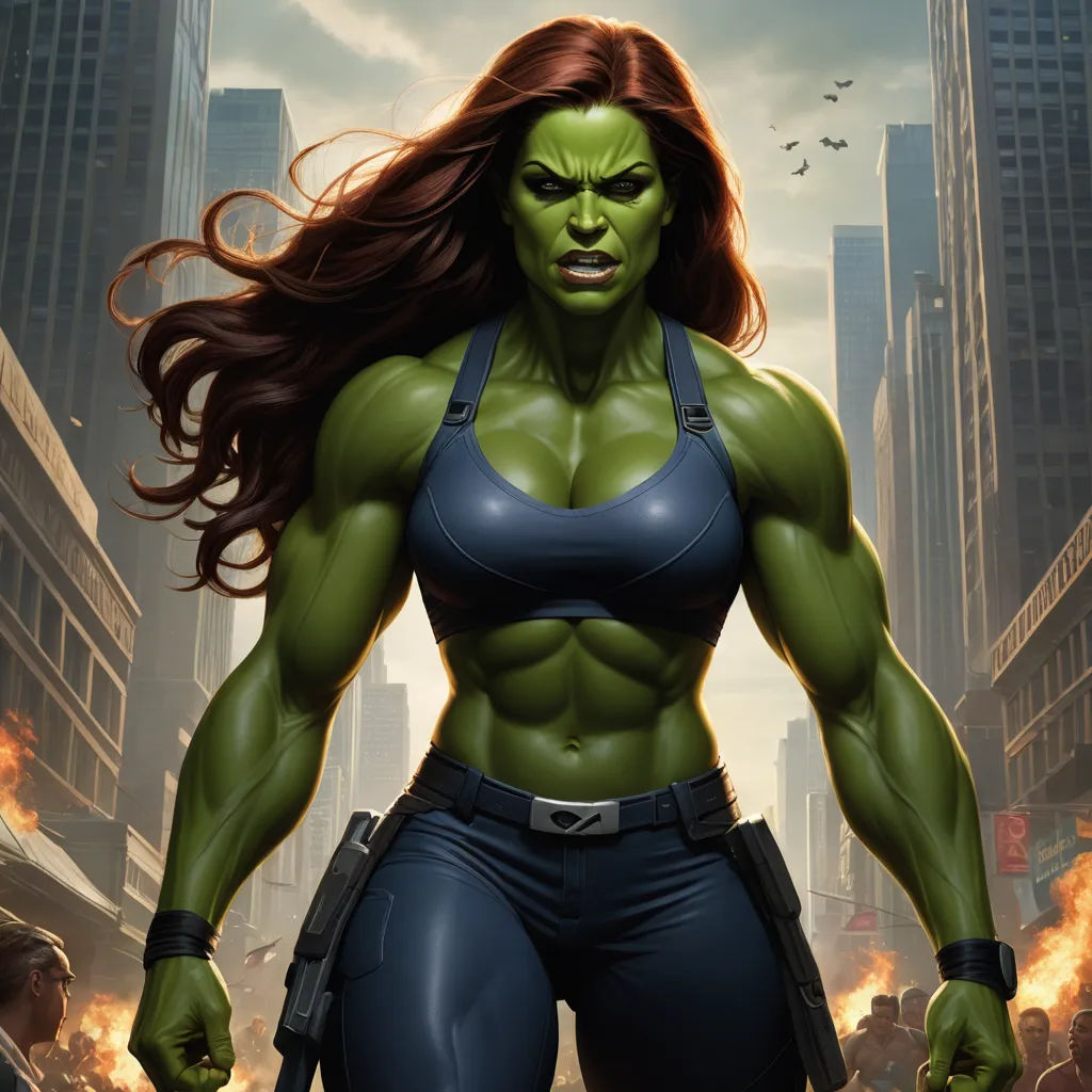 a woman in a blue top and a green face with a gun in her hand and a city in the background, feminist art, concept art, Donato Giancola, marvel comics
