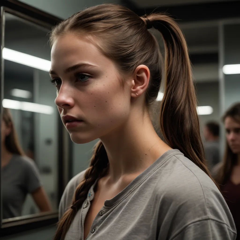 a woman with a ponytail in a mirror looking at herself in the mirror, with other people in the background, institutional critique, a character portrait, Dave Melvin, leesha hannigan