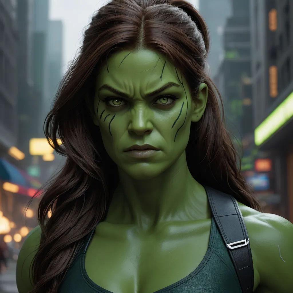 a woman in a green outfit with a large grin on her face and shoulder, in a city street, photorealism, a 3D render, Clint Cearley, unreal render