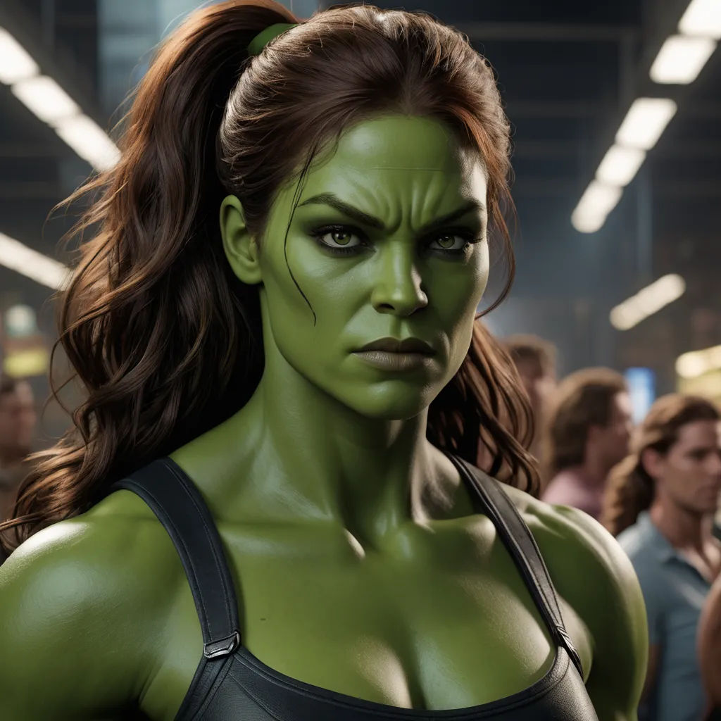 a woman with a green face and a black bra top on a crowded subway station platform with people in the background, feminist art, concept art, Aleksi Briclot, 8 k concept art