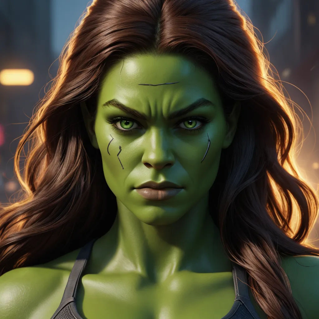 a woman with green makeup and a green face and eyebrows, in a scene from the avengers movie, with a city in the background, photorealism, a hyperrealistic painting, Clint Cearley, trending on artstation hq