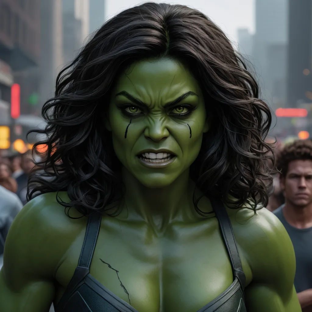 a woman in a green outfit with a large amount of hair and makeup on her face and shoulders, with a crowd of people behind her, feminist art, concept art, Aleksi Briclot, vfx