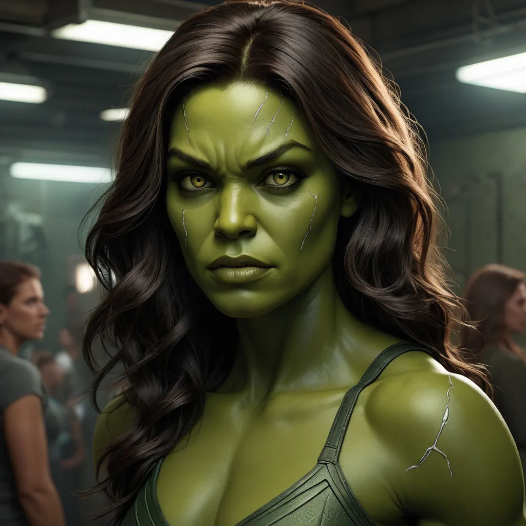 a woman with green makeup and a green bra top in a room with other people looking on and a man in the background, photorealism, concept art, Aleksi Briclot, trending on artstation hq