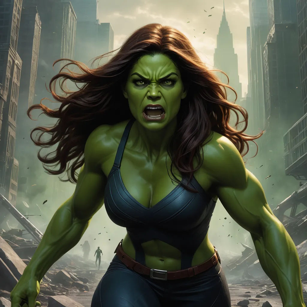 a woman in a blue top with a green face and a large grin of teeth in a cityscape, feminist art, a comic book panel, Donato Giancola, stanley artgerm lau