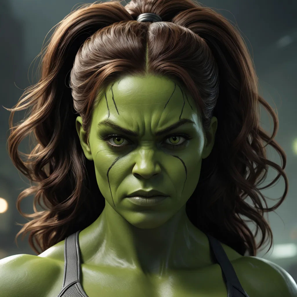 a woman with a green face and long hair in a green dress with a ponytail and a black bra, photorealism, concept art, Aleksi Briclot, 8 k concept art