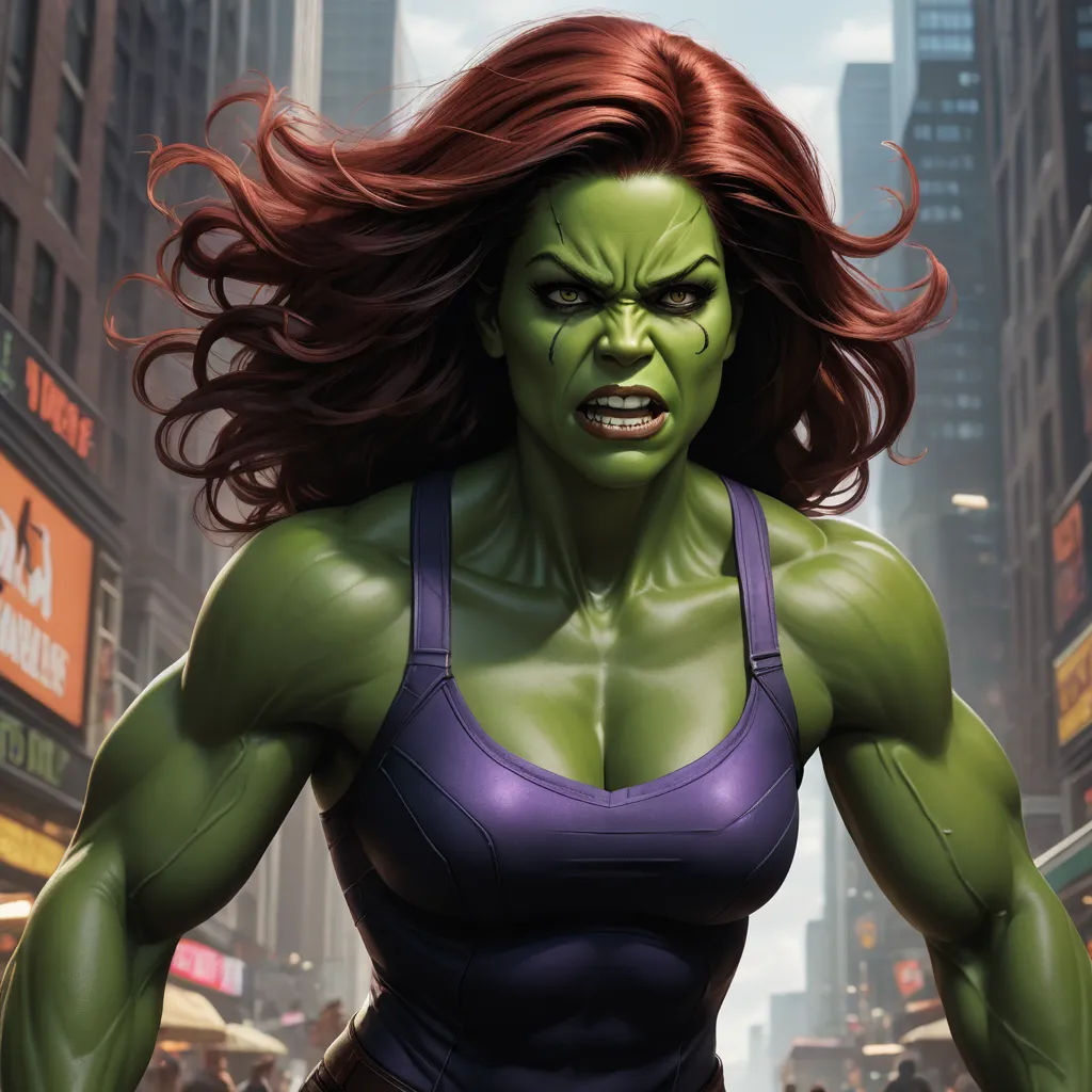 a woman in a purple top and a green face with red hair and a city background is depicted in a digital painting, feminist art, a comic book panel, Anthony Palumbo, marvel comics