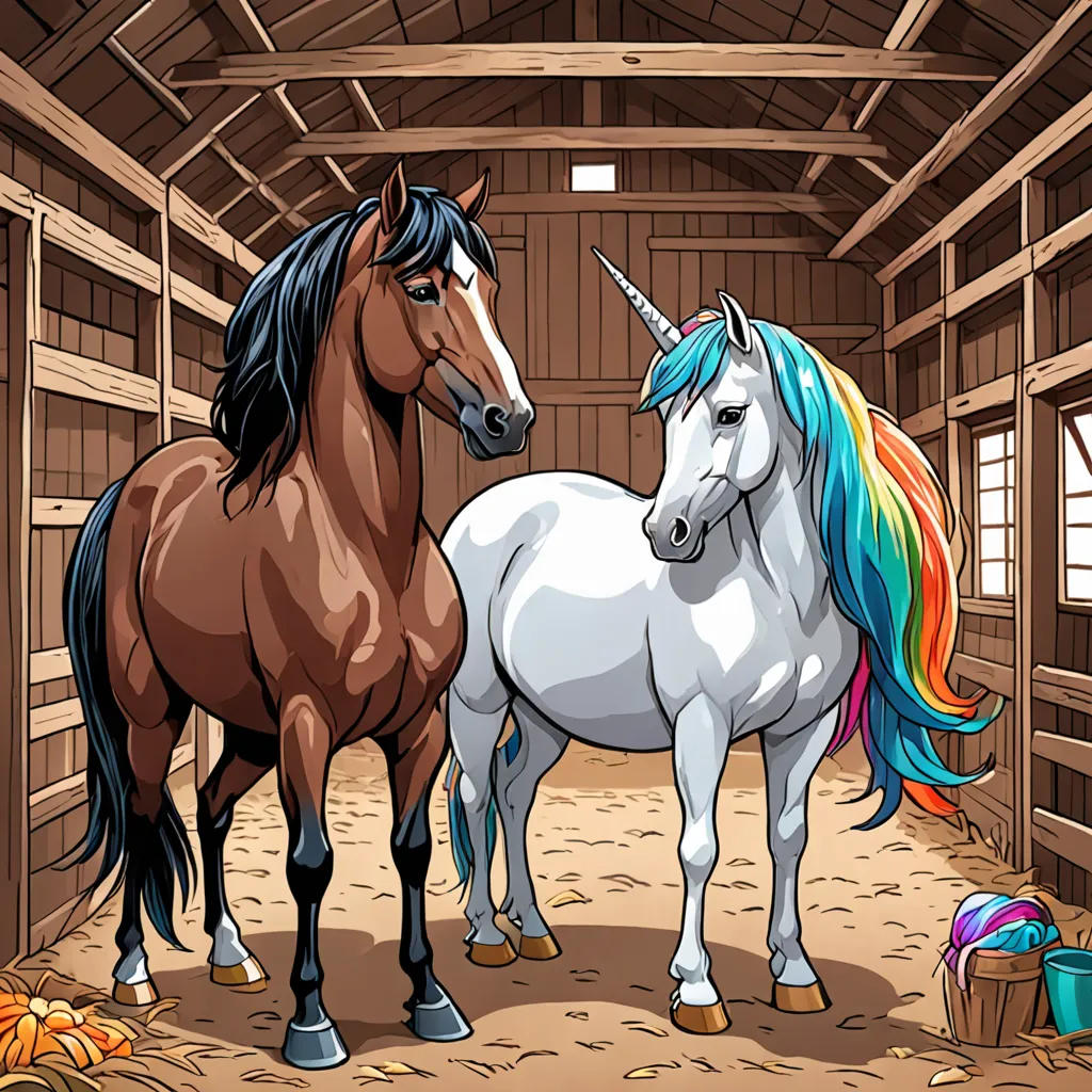 A Wild Mustang and a Colorful Unicorn