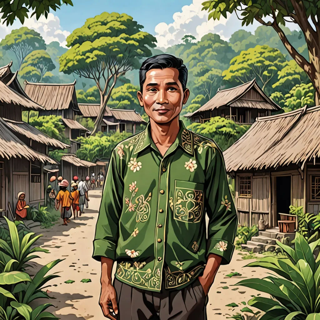 a man standing in front of a village with a lot of trees and people walking around it and a man in a green shirt, sumatraism, a character portrait, Basuki Abdullah, high detail illustration