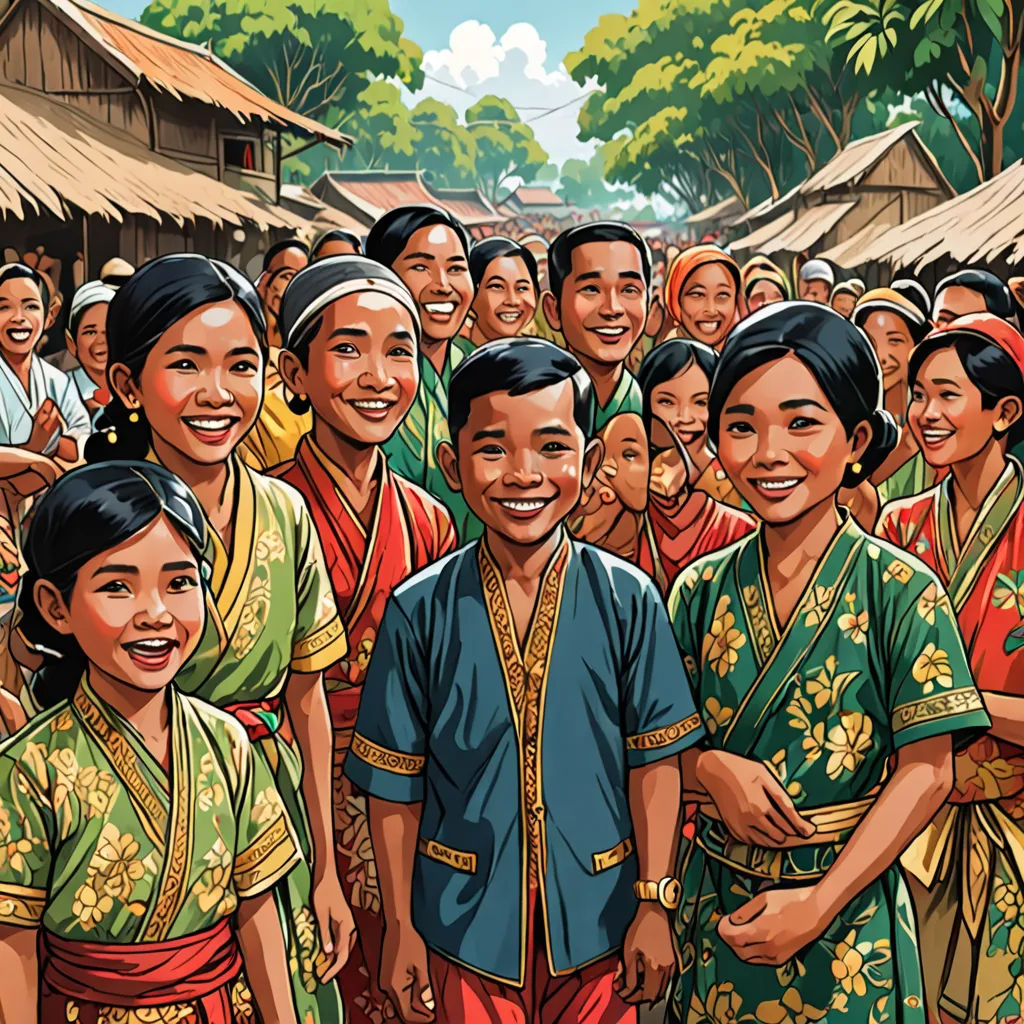 a group of people standing next to each other in front of a crowd of people in a village with huts, sumatraism, a storybook illustration, Basuki Abdullah, high detail illustration