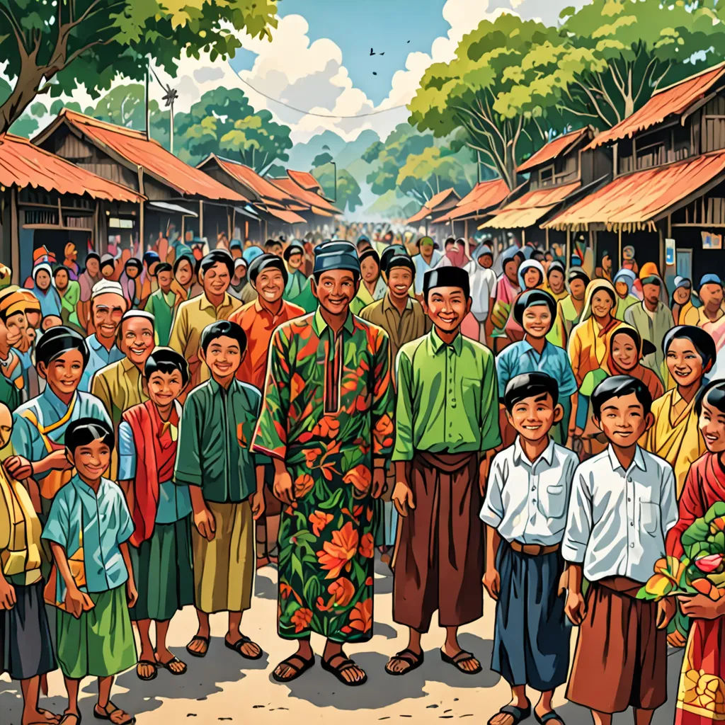 a painting of a group of people standing in front of a crowd of people in a village with a sky background, sumatraism, a storybook illustration, Basuki Abdullah, detailed illustration