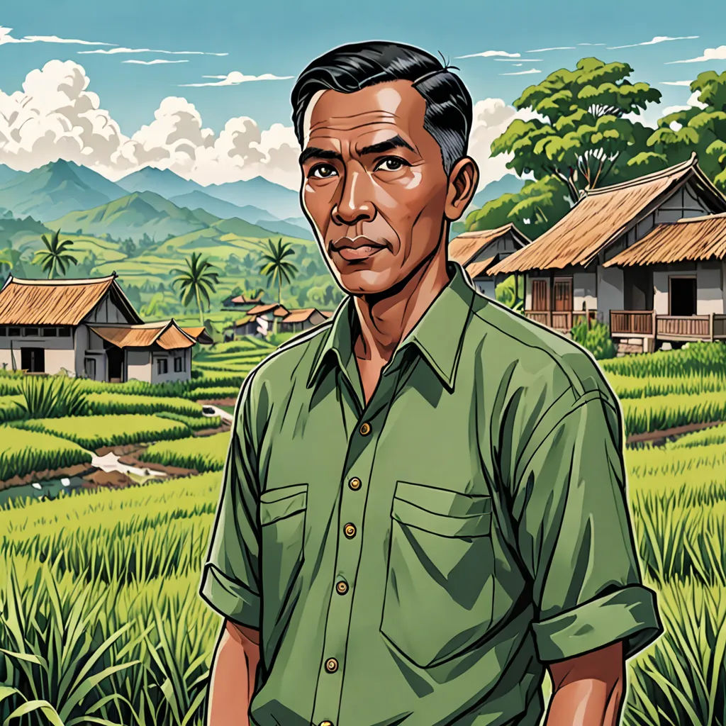 a man standing in a field with a village in the background and a sky with clouds in the background, sumatraism, a character portrait, Basuki Abdullah, character portrait