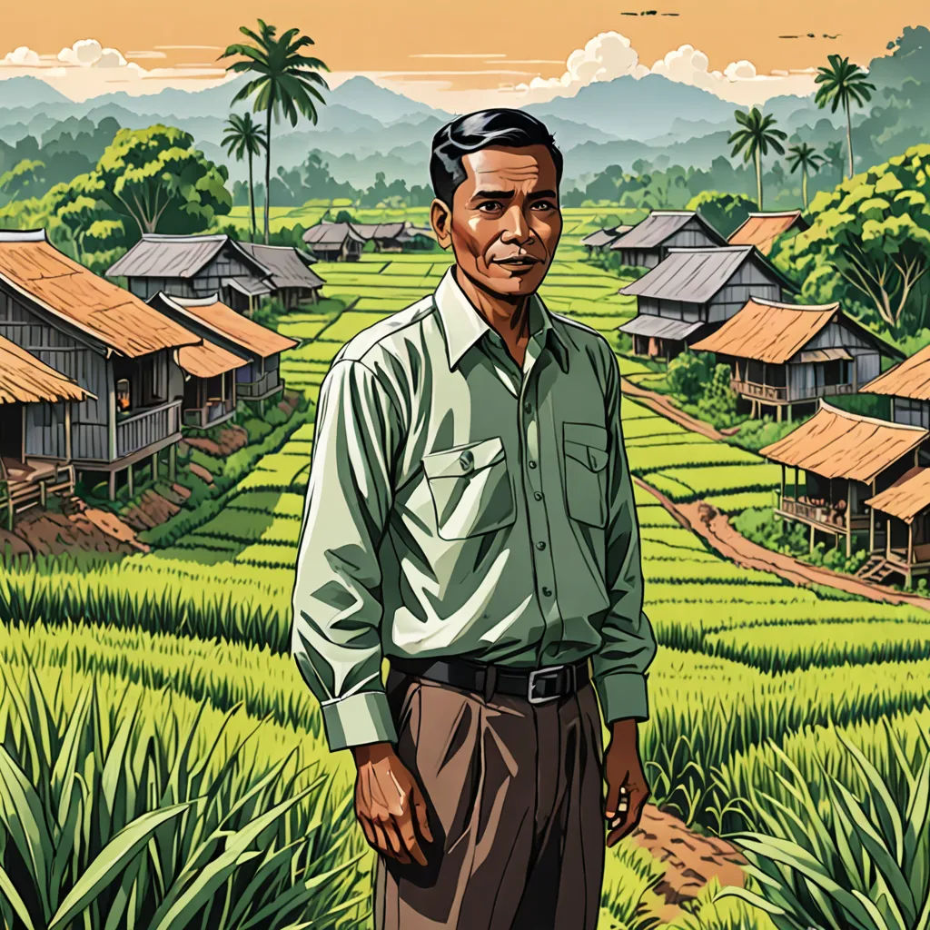 a man standing in a field with a village in the background and a sky in the background with clouds, sumatraism, a character portrait, Asaf Hanuka, character portrait