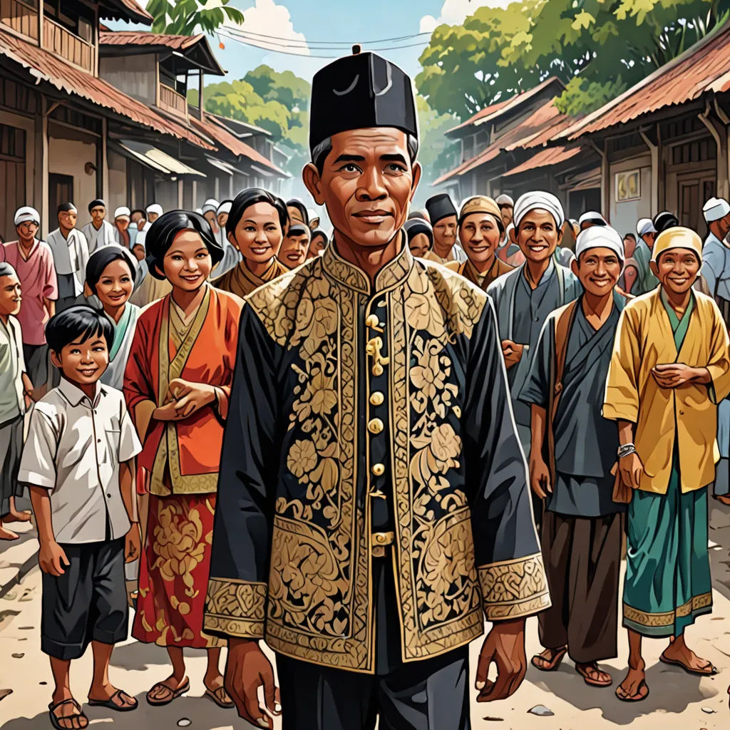 a painting of a man in a black and gold outfit standing in front of a crowd of people in a village, sumatraism, a character portrait, Basuki Abdullah, graphic novel