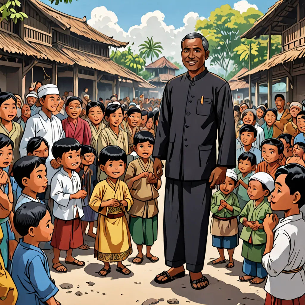 a man standing in front of a crowd of people in a village with a man in a black suit, sumatraism, a storybook illustration, Basuki Abdullah, orientalism